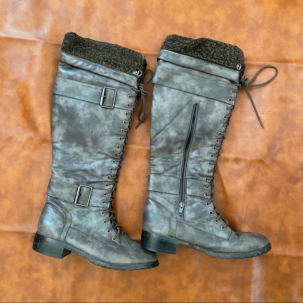 Faux Leather Long Lace Up Boots | Grayish Brown | Faux Fur Top | 7